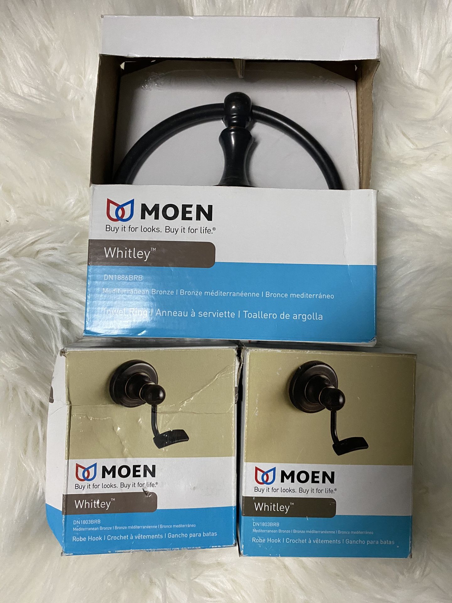 Moen Whitley brown robe hook towel ring