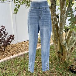 NY&C Feel Good High-Waist Pull-On Skinny Jeans Women’s Size L Blue Stretch Denim with Gold Button Ankles