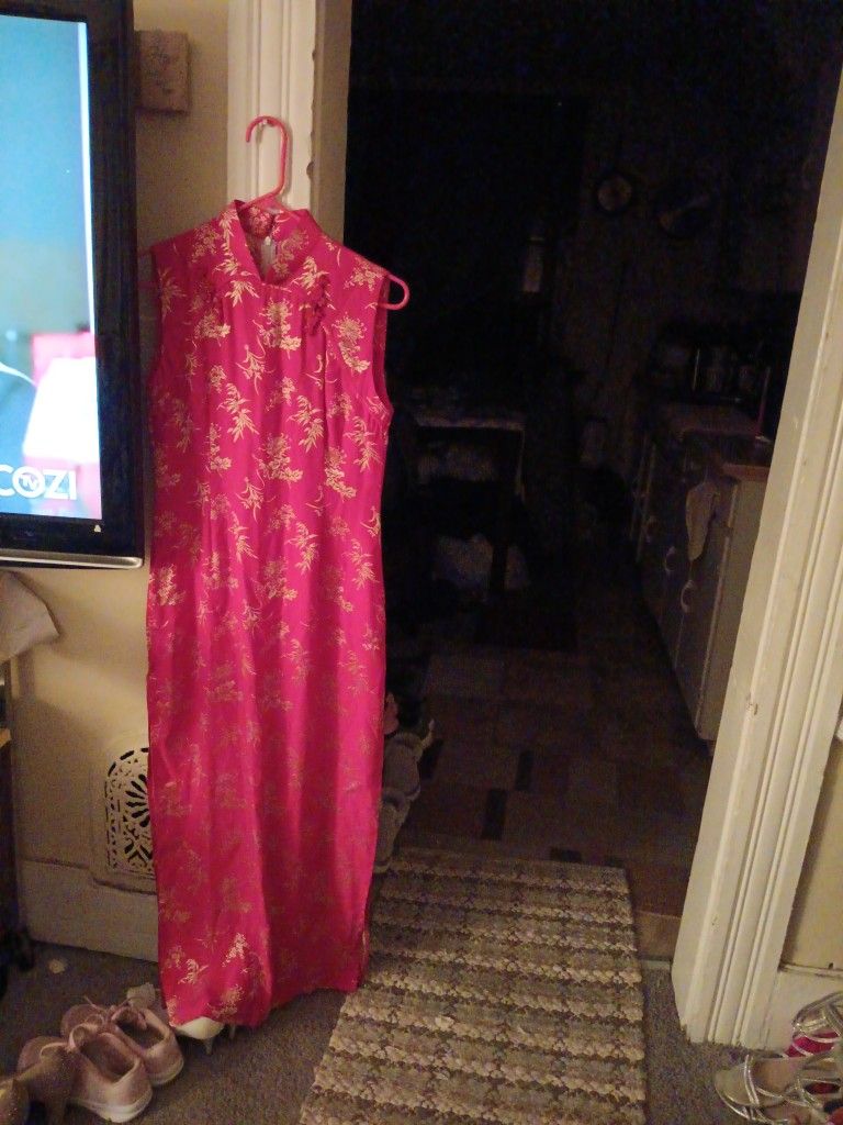 7Fairy Women's Bodycon Red/Gold Keyhole Long Asian Dress