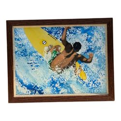 🏄 Original Surf Watercolor – 40″ × 27″ – Signed – Bright Wave & Surfer Art