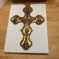 Ornate Christian Cross with Religious Figures and Gold Detailing 14” X 10” UB