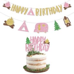 Set of glittery pink and gold Camping-themed birthday party decorations