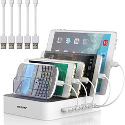 Charging Station for Multiple Devices, MSTJRY 5 Port Multi USB Charger Station with Power Switch Designed for iPhone iPad Cell Phone Tablets (White, 6