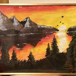 Painting of mountains reflecting off water.