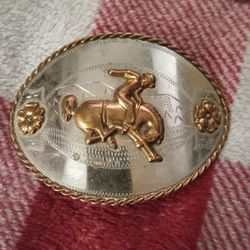 Vtg Ricardo Nickel Silver Cowboy Horse Rodeo Bronc Rider Western Belt Buckle 