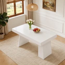 55" White Modern Dining Table, Mid-Century Wood Rectangular Dining Table with Double Trapezoid Base.