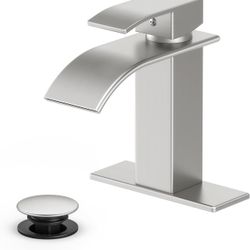 Bathroom Faucet Brushed Nickel Modern Waterfall Bathroom Sink Faucet with Single Handle Suitable for 1 or 3 Holes,Supply Deck Plate and Hose