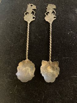 Vintage Indonesian Yogya 800 Solid Silver Wayang Puppet Tea Spoons - Pair