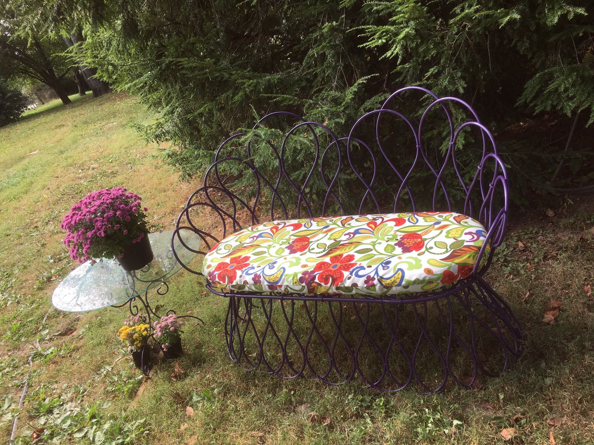END -OF- SUMMER-SALE Vintage, Metal Bench with new cushion and glass top table