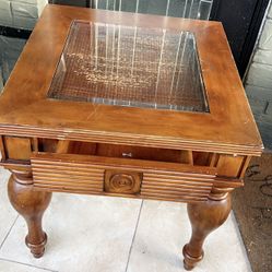 Antique. Elegant Wooden Table with Glass Top & Drawer