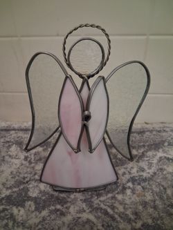 Angel Figurine Stained Glass Metal Pink White Decorative Collectible