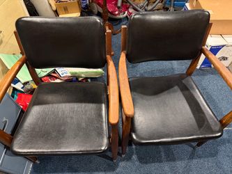 Mid-Century Walnut Armchairs with Black Vinyl Upholstery – Set of 2