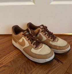 Nike Air Force 1 sneakers in brown and tan with beige