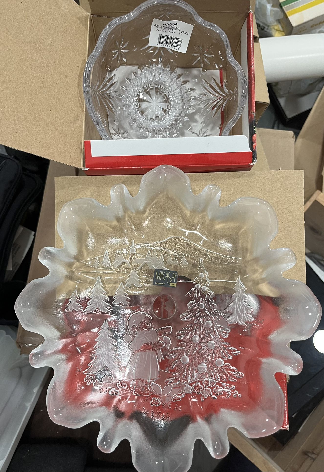 Set Of 2 Brand New Never Used Mikasa Christmas Story Night Footed Bowl 6” Japan Bon Bon 9 3/4” Germany