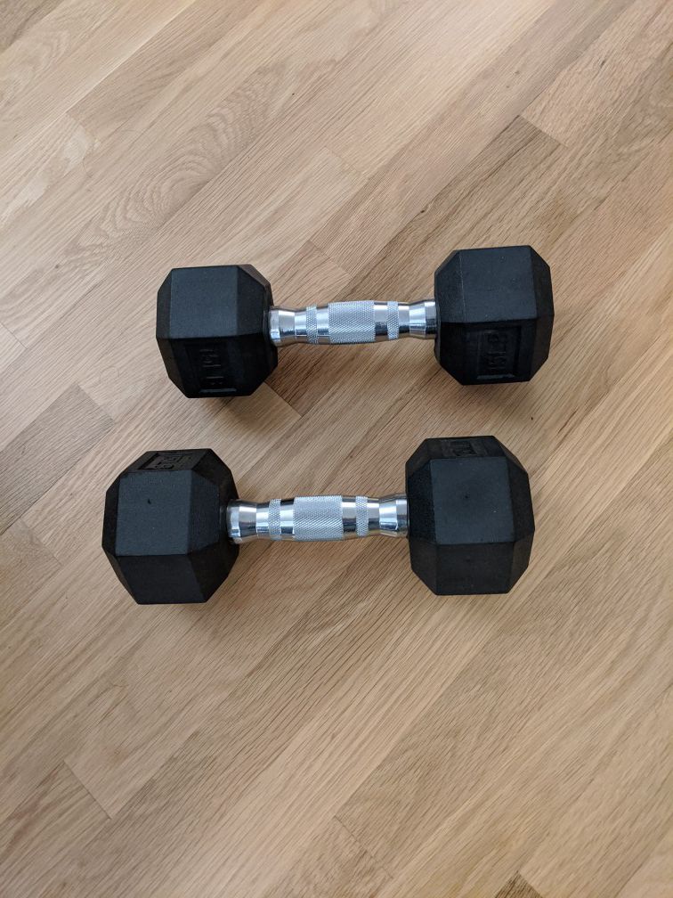 Two 15 lb Dumbbell weights - rubber encased hex