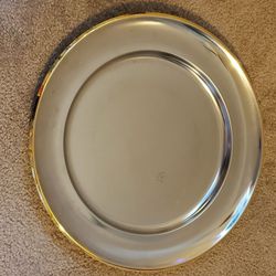 Large Silver Round Serving Platter with Gold Rim
