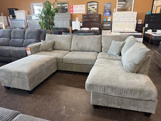 Corduroy Sectional with Storage Ottoman Gray Beige