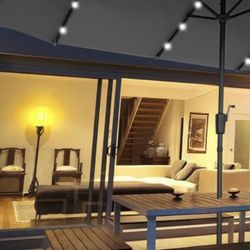 Brand New Grey 13ft Double-sided Patio Umbrella Solar LED Lighted Outdoor Martet Umbrella with Base