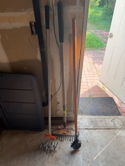 Garden Tool Lot – Rake, Aerator, Cultivator