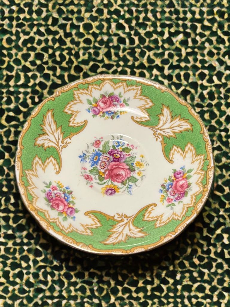 Royal Grafton England 1950s Academy Green Floral Replacement Orphan Saucer, 5.5”