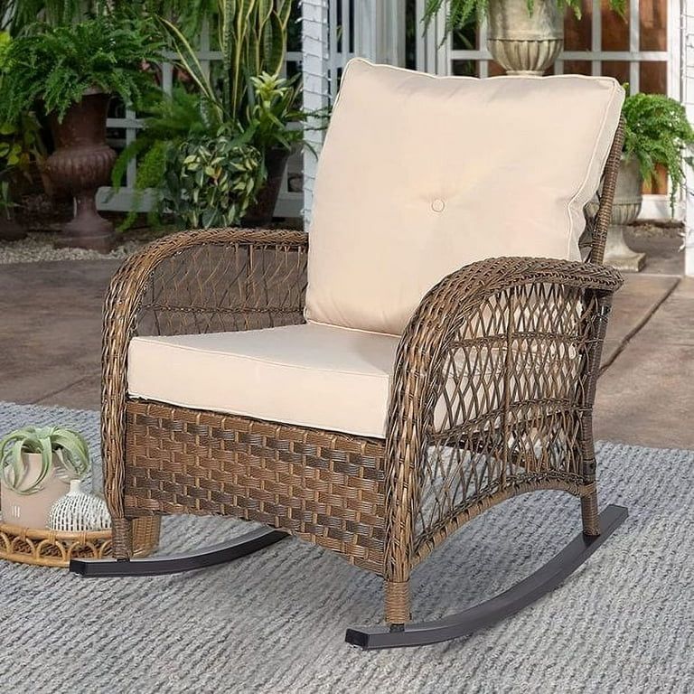 Outdoor Wicker Rocking Chair with Thickened Cushions, All Weather