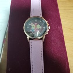 Micky And Minnie Pink Leather Band Stainless Steel Watch New