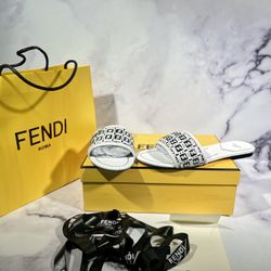 Fendi White New Ff Logo Monogram Interwoven Leather Slides Flats Slip-on Sandals