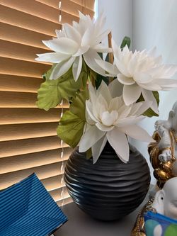 Black Ribbed Vase with Artificial White Lotus Flowers