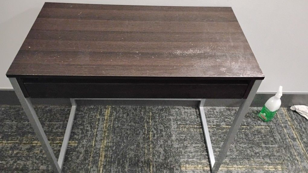 Dark Brown Wood & Metal Desk With Drawer