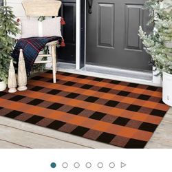 KOZYFLY Buffalo Plaid Rug Orange and Black Outdoor;