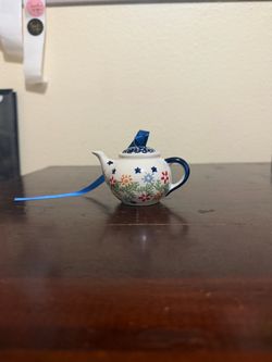 Ceramic Tea Pot Christmas Tree Ornament Blue Hanging Ribbon