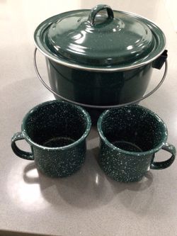 Enamel Cook Pot And Coffee Mugs For Camping Etc.