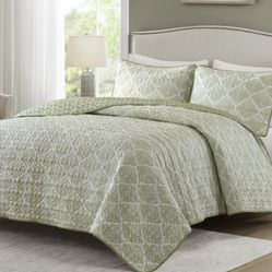 Caro Home Reversible Queen Quilt Set in a green patterned design.