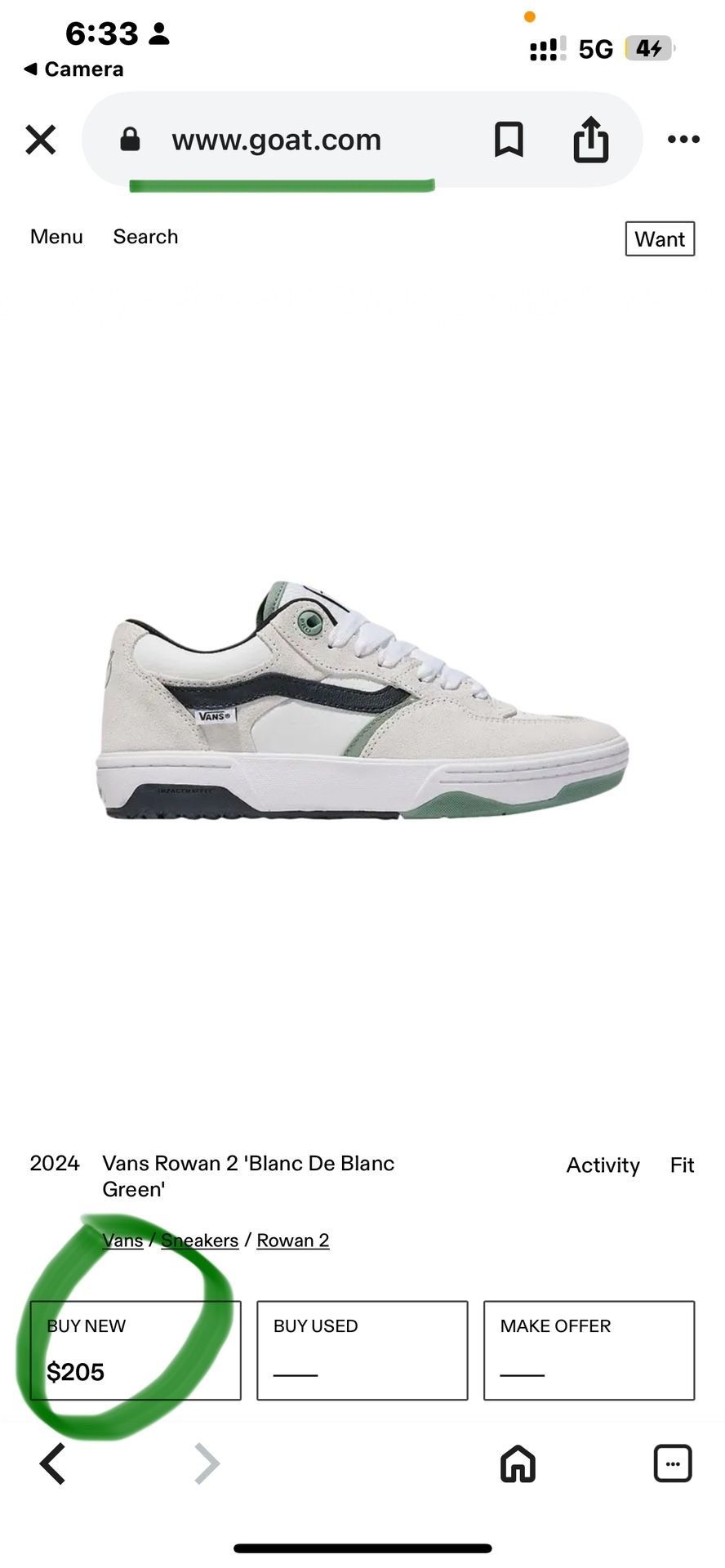 Vans Rowan 2 ‘Blanc De Blanc Green’ Size 6 Men’s & Fits A Size 7 W.