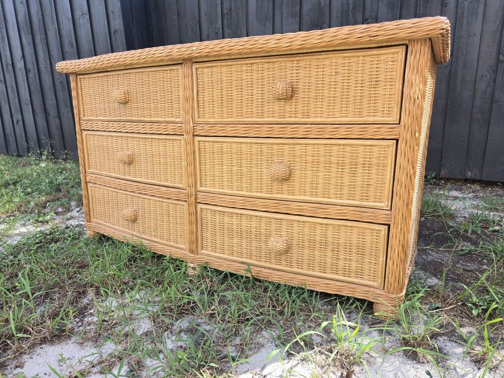 Honey Wicker Bamboo 6 Drawer Dresser Storage
