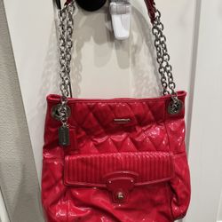 Coach Red Patent Leather Tote Shoulder Bag - Double Chain Straps