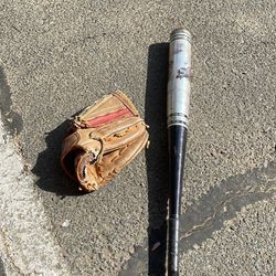 Baseball Bat And Little League Glove 