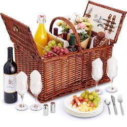 Juvale Wicker Picnic Basket for 4 with Utensils, Glasses, and Insulated Cooler Bag - Luxury Camping, Picnic Essentials, Picnic Kit