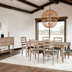 Brand New Light White Wash 7pc Modern Farmhouse Dining Table Set 