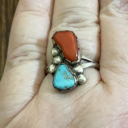 Turquoise, coral sterling silver vintage ring size 7