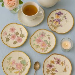 Carlsbad Austria Antique 1900s Set Of 6 Hand Painted Floral Dessert Plates, 7.5”