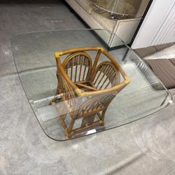 Square beveled glass table with authentic made  Indonisia  wicker bottom base  45 “ x 45” , 29 1/2 high  $75