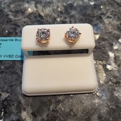 925 Moissanite Stud Earrings 7mm 14k Rose Gold  Plated Over 925 Silver 