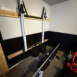 PRx Folding squat Rack+Weightlifting Barball (45lb)+Plates