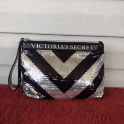 Victoria's Secret Sequined Makeup Beauty Bag Black and Silver Sparkle Clutch