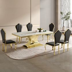New Design Marble Top Gold Dining Table set with Black Leather chairs