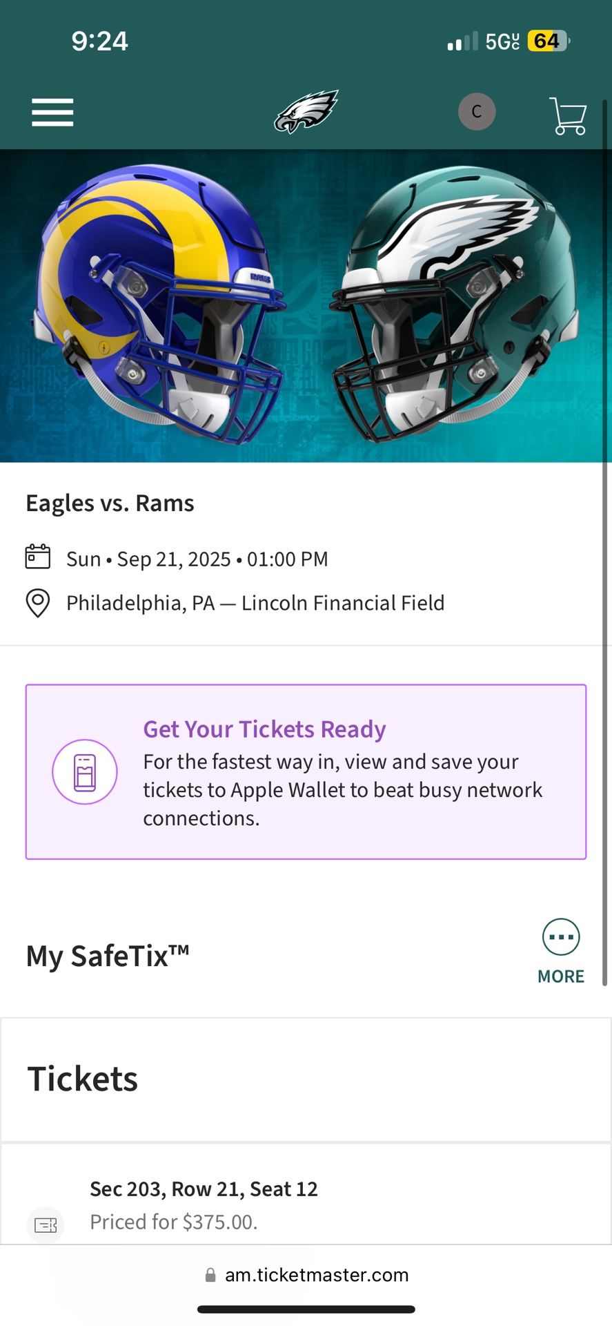 Pair of Eagles Tickets Los Angeles Rams vs Philadelphia Eagles