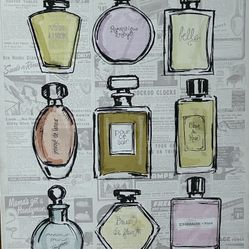 Perfume Bottles Painted And Mounted On Wood Frame Canvas