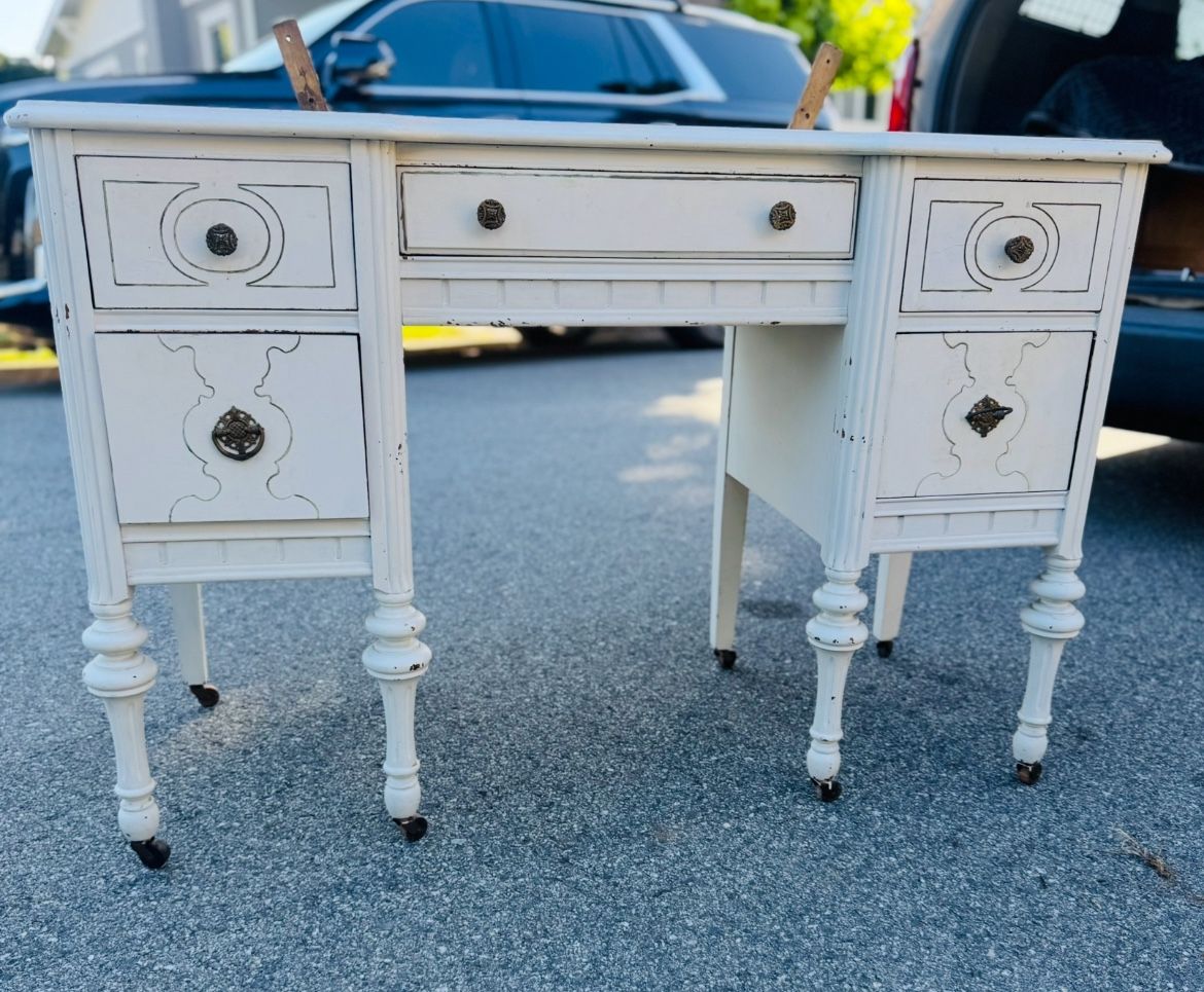 Vintage White Vanity with Mirror + Drawers + Stool + Wheels