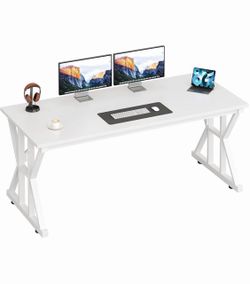 55" Large Computer Desk with Thickened Frame ,Modern Simple Executive Desk, Larger Gaming Desk with X-Shaped ReInchforcement, White